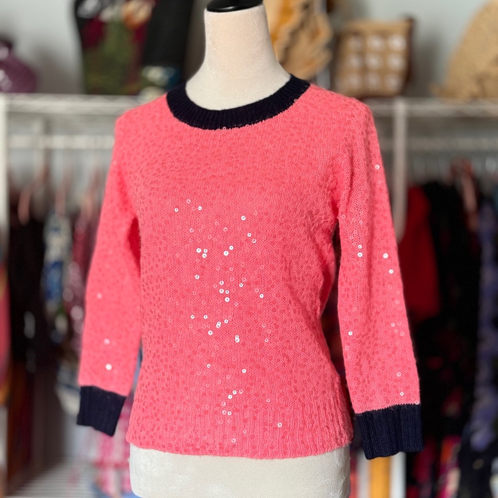 Jcrew Women's Pink Sequin Crewneck Sweater with Contrast Trim sz Small